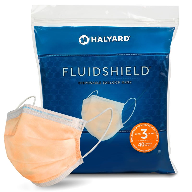 HALYARD قناع الإجراءات القابل للتصرف HALYARD FLUIDSHIELD 3، مع حلقات أذن SO SOFT، خالي من الضباب، تصميم مطوي، برتقالي، مستوى 3، 28797 (علبة من 40)  - Image 1